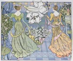 Kvinnor omgivna av blommor, ca. 1900 (färggravyr)